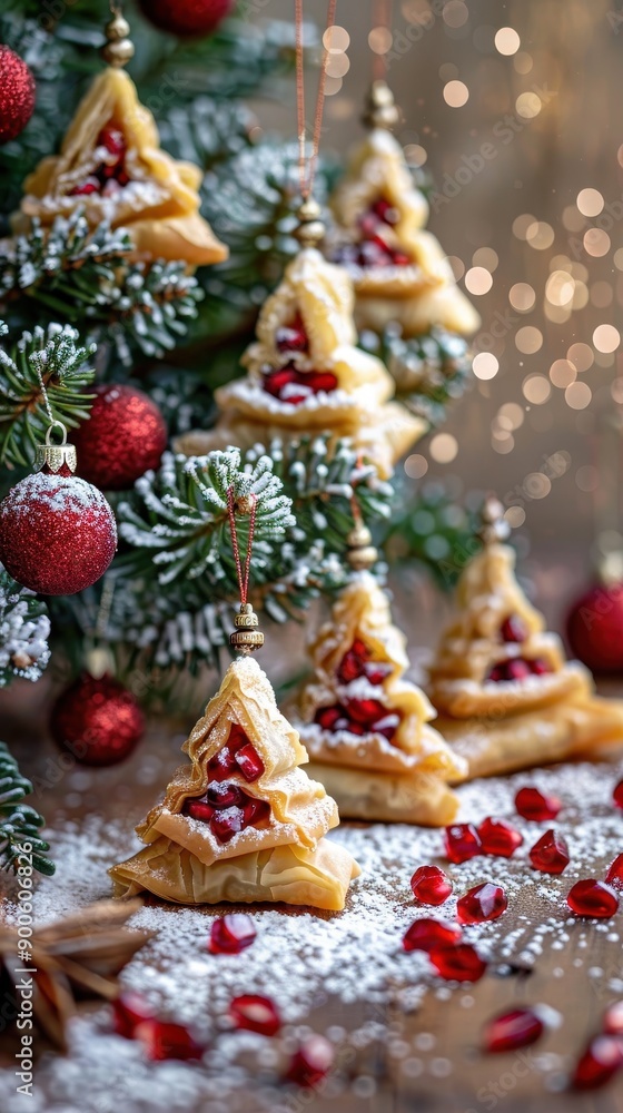 Festive cookies shaped like Christmas trees adorned with bright red berries, perfect for holiday decorations and celebrations. Festive cookies shaped like Christmas trees adorned with bright red berries, perfect for holiday decorations and celebrations.