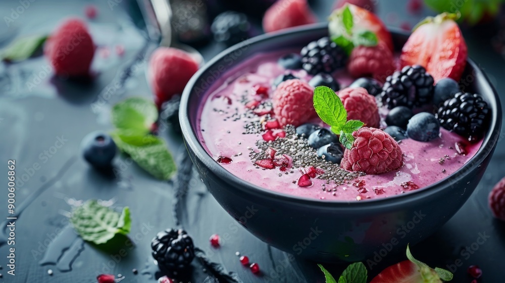 A bowl of mixed berries and fruit with a green leaf on top A bowl of mixed berries and fruit with a green leaf on top