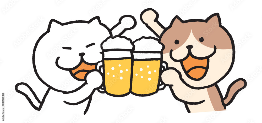 お酒を飲む目が細いかわいい白猫のキャラ素材