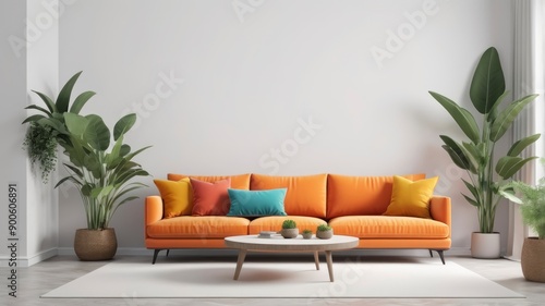 Orange sofa and colorful pillows, blank white wall, and plants decor for interior mockup