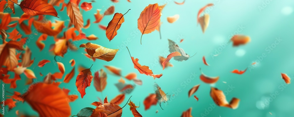 several dry leaves floating on a light blue background with an autumn theme several dry leaves floating on a light blue background with an autumn theme
