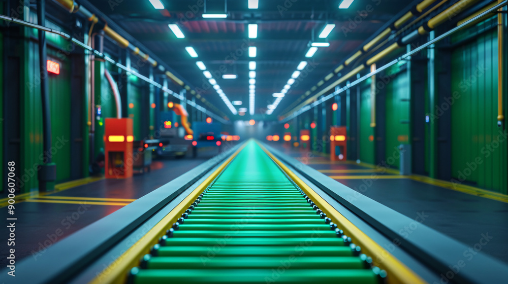Bright and Busy 3D Cartoon Green Conveyor Belt with Automated Machines in Production Line with Copy Space. Bright and Busy 3D Cartoon Green Conveyor Belt with Automated Machines in Production Line with Copy Space.