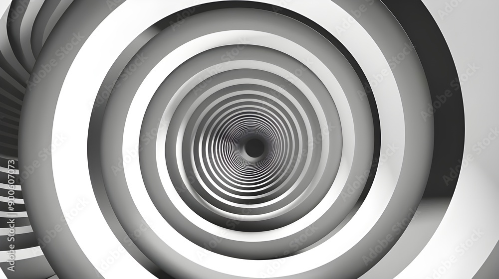 Obraz premium A monochromatic abstract tunnel featuring concentric circles in shades of black, white, and gray, creating a hypnotic visual effect.