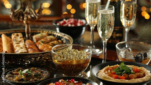 Indulge in a festive feast featuring assorted appetizers, sparkling drinks, and vibrant side dishes, perfect for celebrations.