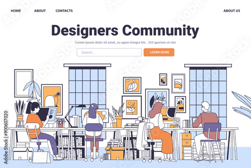 Designers Community workspace creative team working modern office interior plants bookshelves large windows minimalistic line art