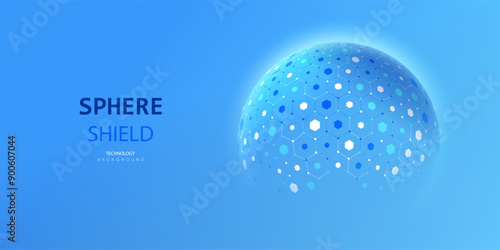 Sphere shield on blue background. Ai globe protect transparent ball.  Dome barrier technology vector. Cyber, uv, virus protection hexagon shield futuristic design.