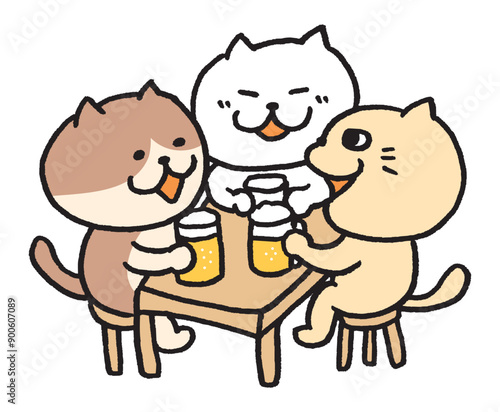 お酒を飲む目が細いかわいい白猫のキャラ素材