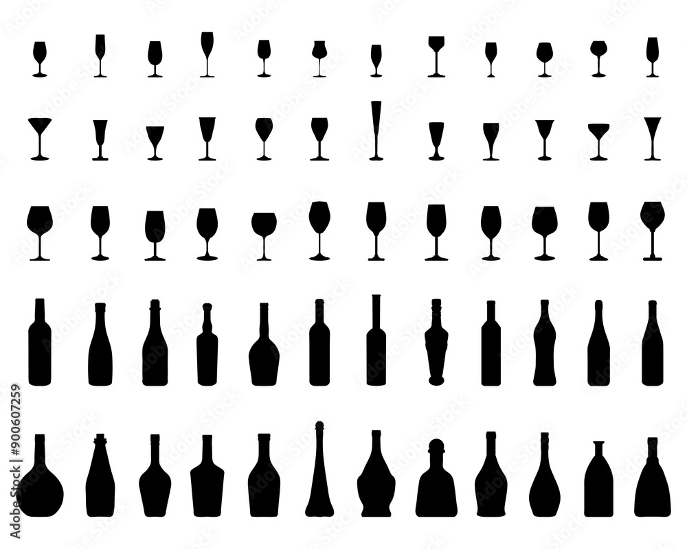Black silhouettes of wine bottles and glasses on a white background Black silhouettes of wine bottles and glasses on a white background