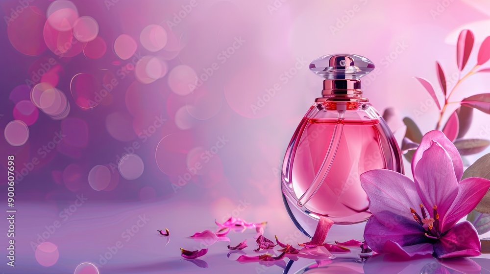 Elegant Perfume Bottle Surrounded by Pink Petals and Flowers in Soft Ambient Light Elegant Perfume Bottle Surrounded by Pink Petals and Flowers in Soft Ambient Light