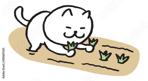 農業をする目が細いかわいい白猫のキャラ素材