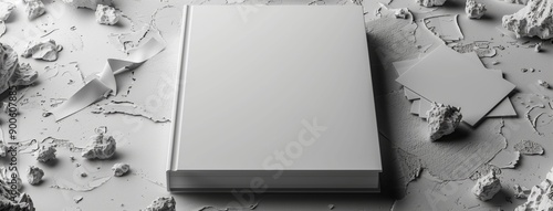 A white rectangle book rests on a concrete surface