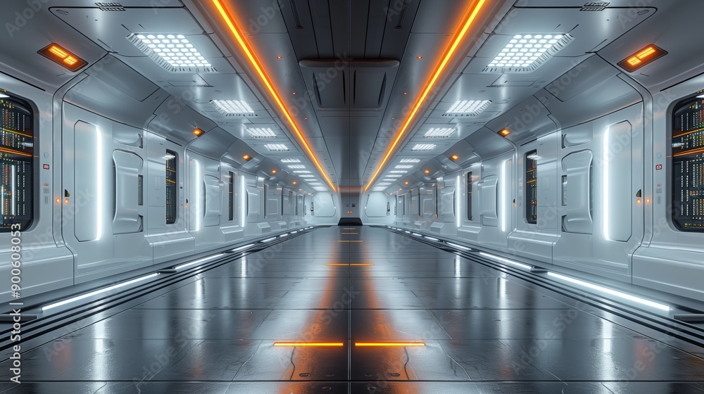 Futuristic hallway with parallel metal fixtures on the ceiling Futuristic hallway with parallel metal fixtures on the ceiling
