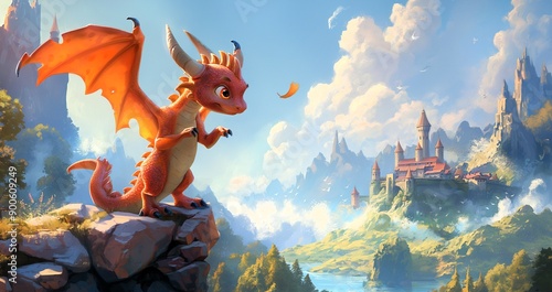 A Dragon's Dawn: Curious baby dragon overlooking a majestic fantasy kingdom, bathed in the warm glow of sunrise. Generative ai illustration.  photo