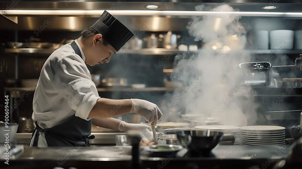 A chef preparing a dish in a professional kitchen A chef preparing a dish in a professional kitchen