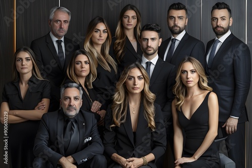 Corporate Powerhouse: A united front of sophisticated professionals in sleek attire embodies corporate strength and leadership. Their collective gaze projects an aura of power and influence.