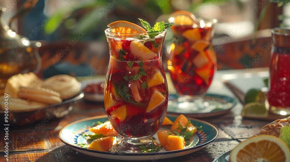 Refreshing summer fruit sangria in elegant glasses with orange slices, perfect for outdoor gatherings and festive occasions. Refreshing summer fruit sangria in elegant glasses with orange slices, perfect for outdoor gatherings and festive occasions.