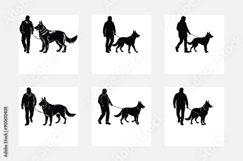 Vector silhouette of a dog and man 