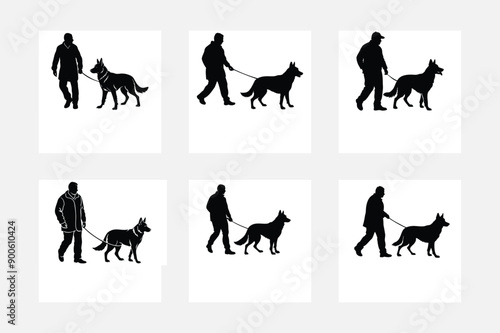 Walk with dog silhouettes, People walking with dog silhouettes.