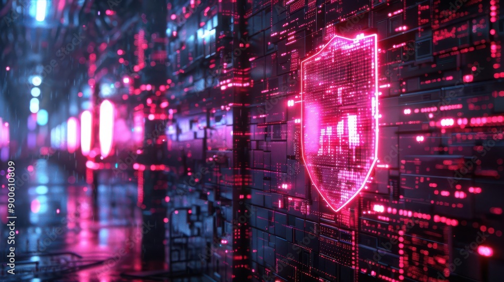 Fototapeta premium Cybersecurity, neon firewall interface, futuristic digital shield, advanced protection system