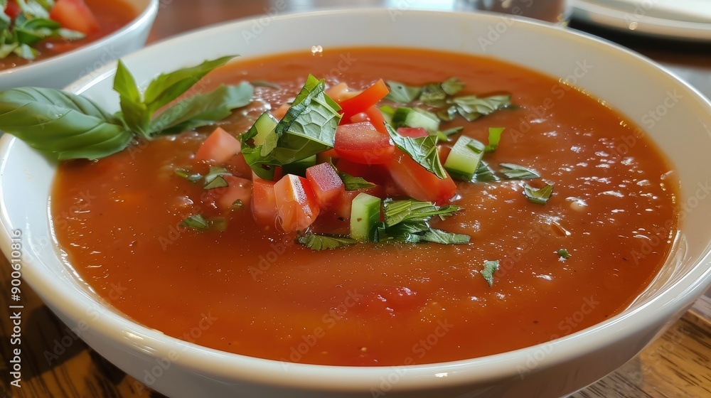 Enjoy a vibrant bowl of gazpacho featuring diced tomatoes, cucumber, and fresh basil, perfect for a warm day Enjoy a vibrant bowl of gazpacho featuring diced tomatoes, cucumber, and fresh basil, perfect for a warm day