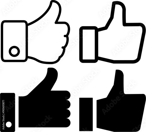 Set of hand-drawn thumbs up vector icons, minimalist like symbols for social media, feedback, and rating systems, suitable for web, print, and graphic design projects