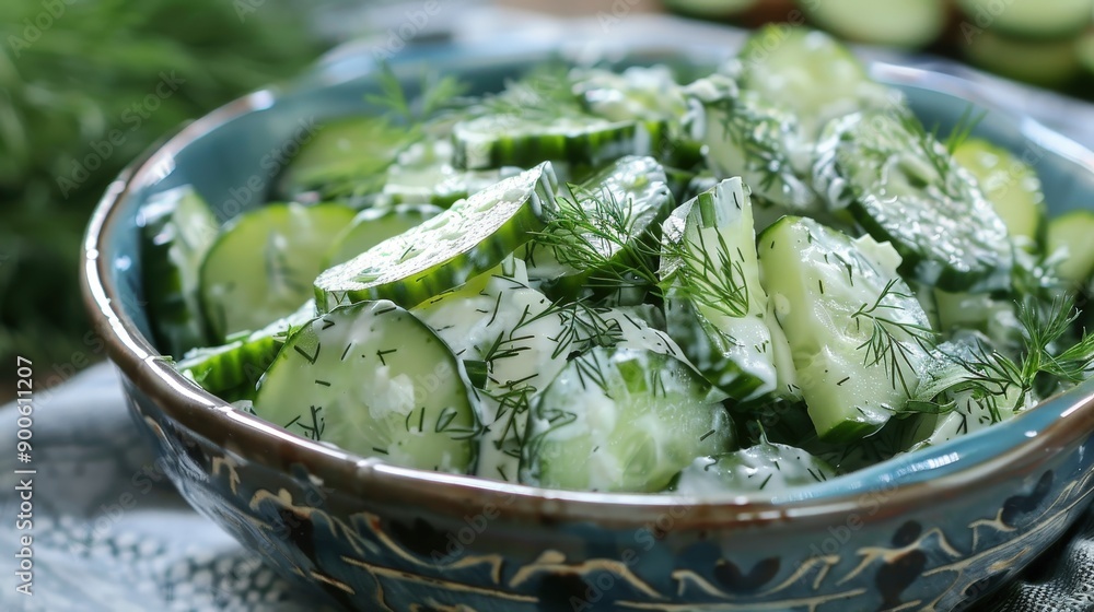 A vibrant salad featuring sliced cucumbers tossed in a creamy dill dressing, ideal for light summer meals or picnics A vibrant salad featuring sliced cucumbers tossed in a creamy dill dressing, ideal for light summer meals or picnics