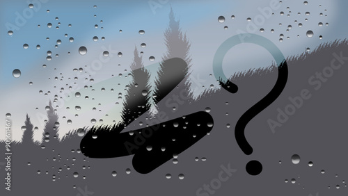 Autumn rain, inscription on sweaty glass - question mark