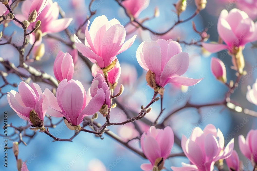 Close-up of delicate pink magnolia flowers in full bloom with a soft-focus blue background Close-up of delicate pink magnolia flowers in full bloom with a soft-focus blue background
