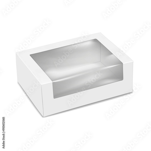 White rectangle paper box with clear plastic window to display product. 3d mockup. Empty paperboard food container. Realistic vector mock-up. Transparent lid confectionery box template