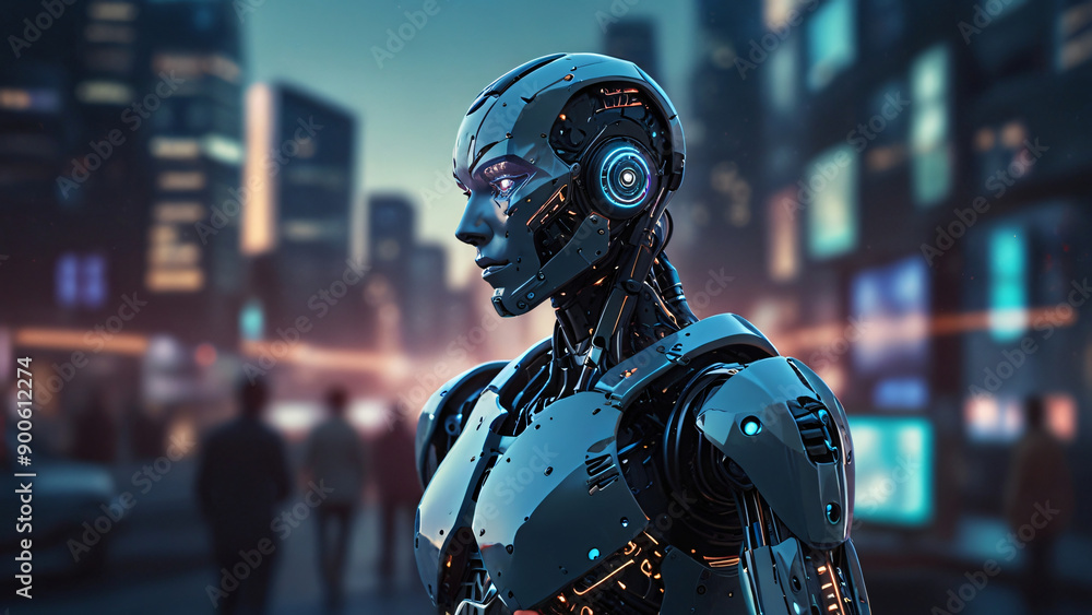 Futuristic Android in Neon-Lit Cityscape Futuristic Android in Neon-Lit Cityscape