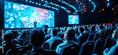 Audience in the auditorium with a wide LCD screen on the stage.