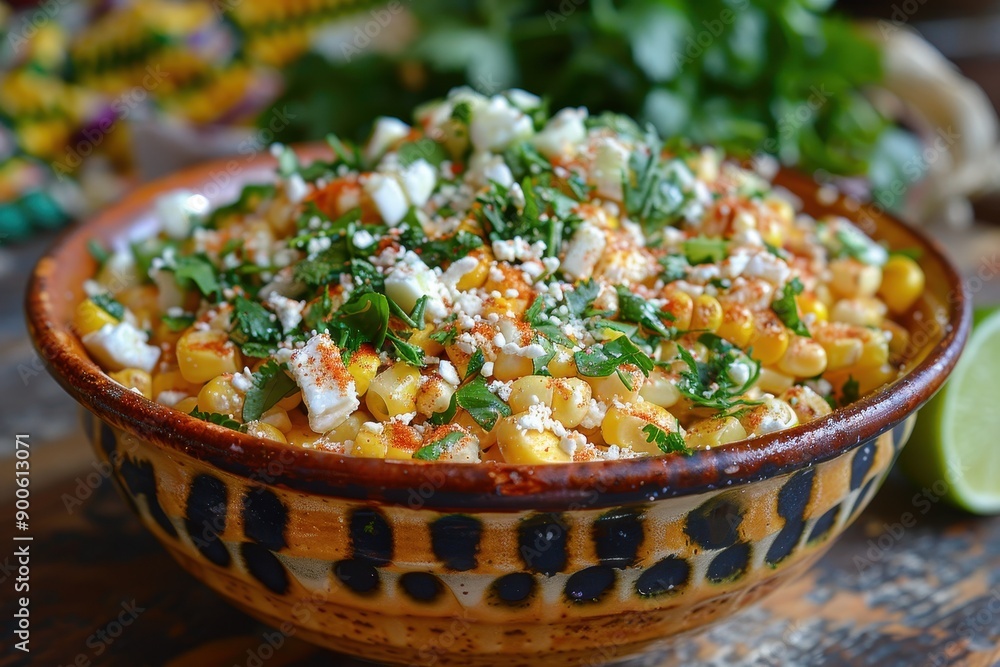 A bowl of esquites, a Mexican street corn salad with kernels sauted in butter, mixed with mayo, cheese, chili powder, and lime juice A bowl of esquites, a Mexican street corn salad with kernels sauted in butter, mixed with mayo, cheese, chili powder, and lime juice
