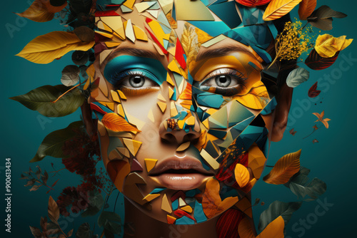 A human face combined with abstract cubist elements of nature