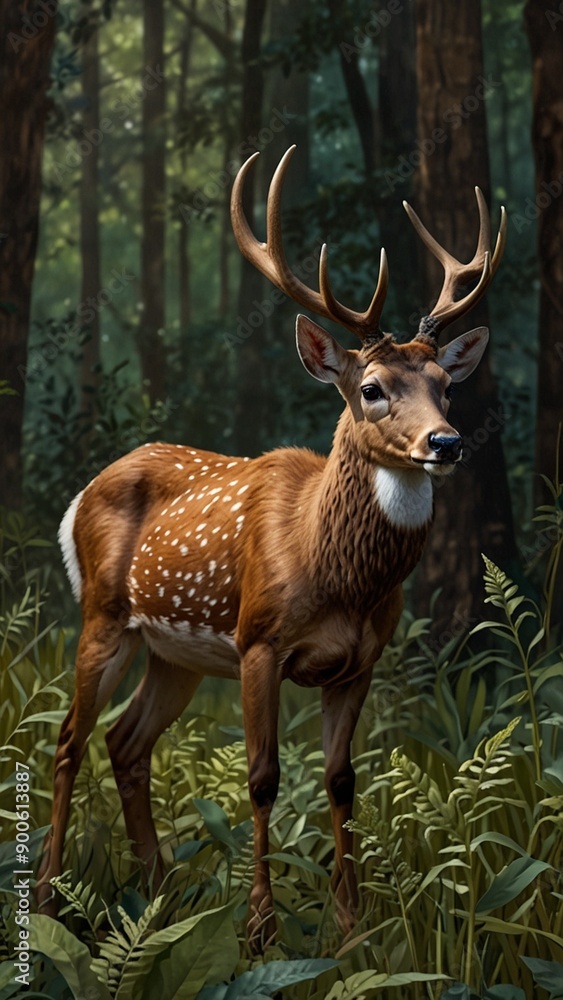 A deer with antlers is standing in the woods. A deer with antlers is standing in the woods.