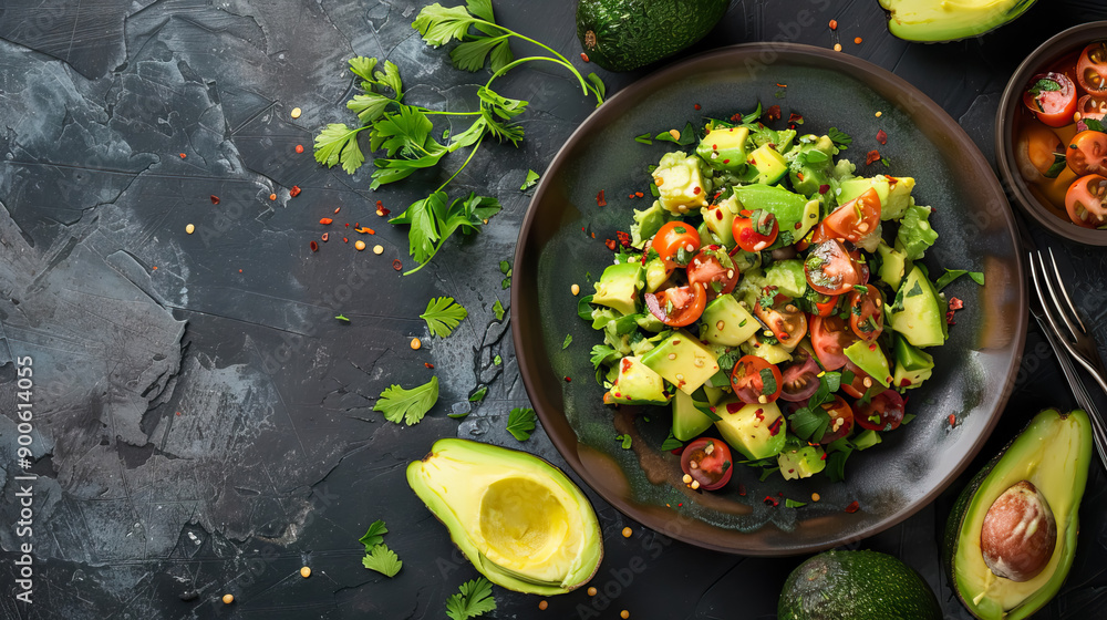 avocado salad with tomato and parsley on plate with copy space. food styling avocado salad with tomato and parsley on plate with copy space. food styling