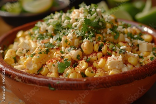 A bowl of esquites, a Mexican street corn salad with kernels sauted in butter, mixed with mayo, cheese, chili powder, and lime juice