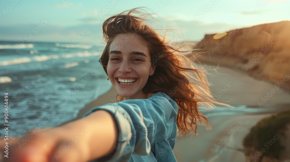 A woman with long hair is smiling and holding her arm out to the camera A woman with long hair is smiling and holding her arm out to the camera