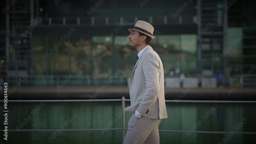 A stylish man in a white suit and hat poses by the waterfront with elegance and sophistication A stylish man in a white suit and hat poses by the waterfront with elegance and sophistication