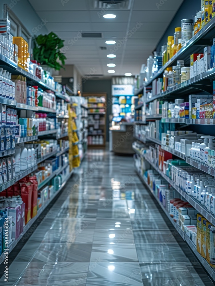 Obraz premium Wide Shot of Modern Drugstore Interior with Clear Signage and Organized Aisles