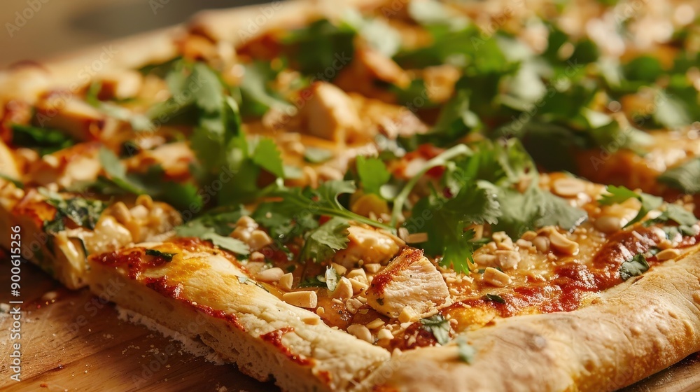 A savory pizza featuring a peanut sauce base, topped with grilled chicken, chopped peanuts, and fresh herbs, presented on a rustic wooden surface A savory pizza featuring a peanut sauce base, topped with grilled chicken, chopped peanuts, and fresh herbs, presented on a rustic wooden surface