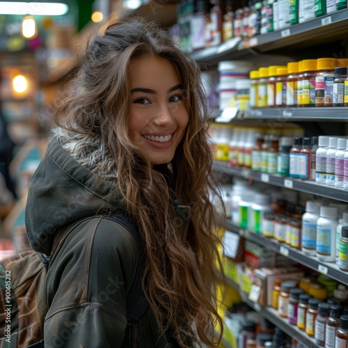 Wallpaper Mural Happy Woman Selecting Medications at Pharmacy Counter Torontodigital.ca