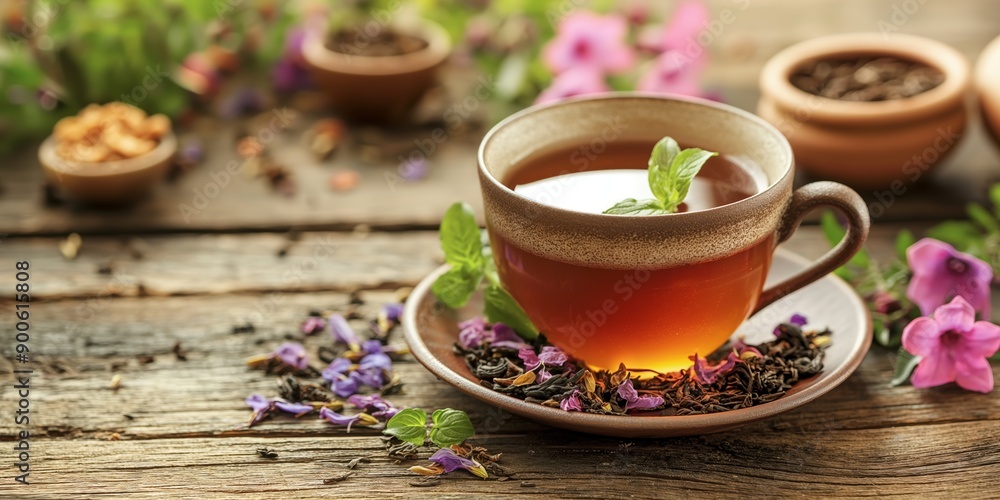 A cup of tea with leaves and flowers arranged around it, placed on a rustic wooden table outdoors with other small pots. A cup of tea with leaves and flowers arranged around it, placed on a rustic wooden table outdoors with other small pots.