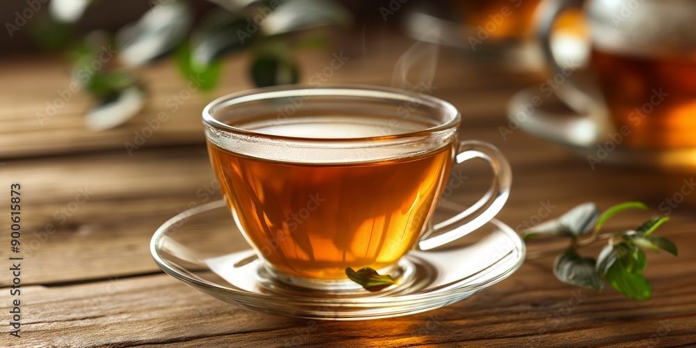 A clear glass teacup on a saucer beside green leaves, set on a wooden table, emphasizing a fresh and natural feel. A clear glass teacup on a saucer beside green leaves, set on a wooden table, emphasizing a fresh and natural feel.