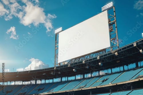 Empty white signboard mockup at a sports stadium entrance, MZ