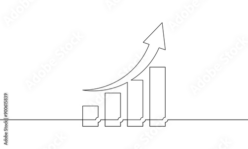 Continous line drawing of graph with arrow up. Illustration vector of bar chart. Single line art of business growth icon flat. Object one line of increasing arrow sign symbol