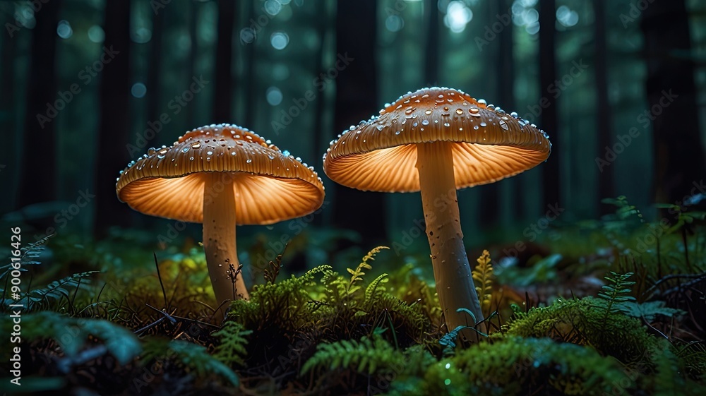 Fototapeta premium Iridescent Mushrooms Shine Under Soft Forest Light in Enchanted Woodland at Dusk
