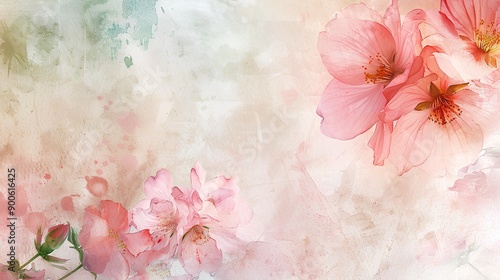 The image is a soft watercolor background featuring delicate flowers in shades of pink The design has a vintage, artistic feel with a nature-inspired theme, perfect for a spring or summer greeting car