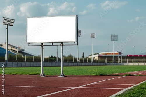 Empty white signboard mockup at a sports stadium entrance, MZ photo