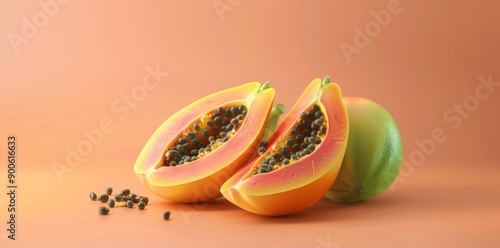 A Close-up View of Ripe Papaya Fruit. High Detailed Fruit Illustration Concept photo