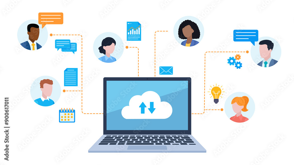 Flat design illustration. Laptop with a cloud connection icon on the screen. Around the laptop are employee avatars. Next to them are icons of light bulbs, gears, conversation, document, calendar. Flat design illustration. Laptop with a cloud connection icon on the screen. Around the laptop are employee avatars. Next to them are icons of light bulbs, gears, conversation, document, calendar.